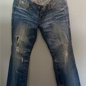 Big Star medium wash jeans with tan seam jeans